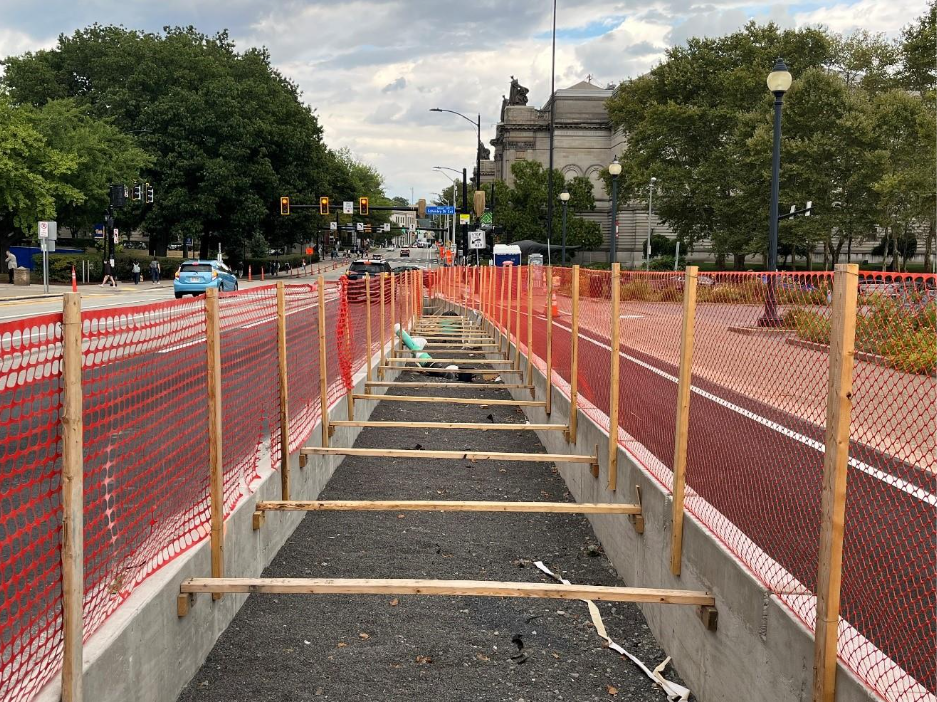 Wooden frames for future green infrastructure at Schenley Plaza Wooden frames for future green infrastructure at Schenley Plaza