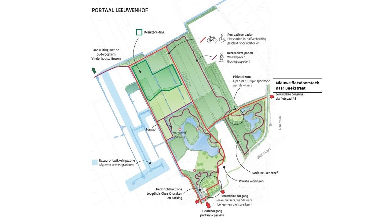 De onthaalzone Leeuwenhof, ingericht zodat iedereen maximaal kan genieten van het groen
© Vlaamse Landmaatschappij, inrichtingsplan Portaal Leeuwenhof
