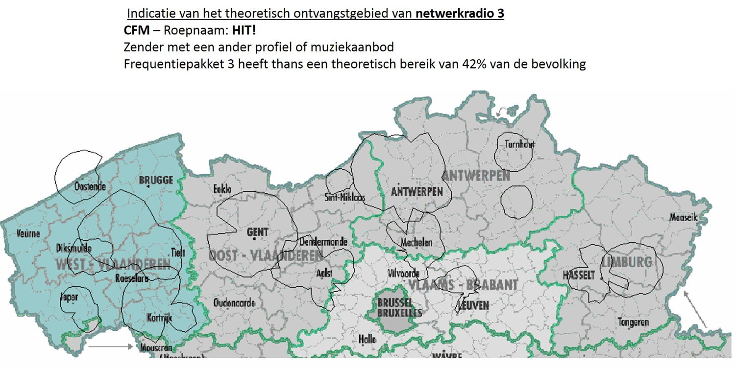 Indicatie van het theoretisch ontvangstgebied van netwerkradio 3
