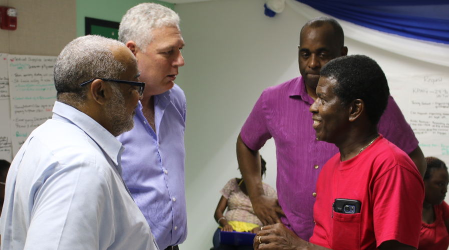 Prime Minister Chastanet, Prime Minister Skerrit and Dr. Didacus Jules meet with disaster management officials.