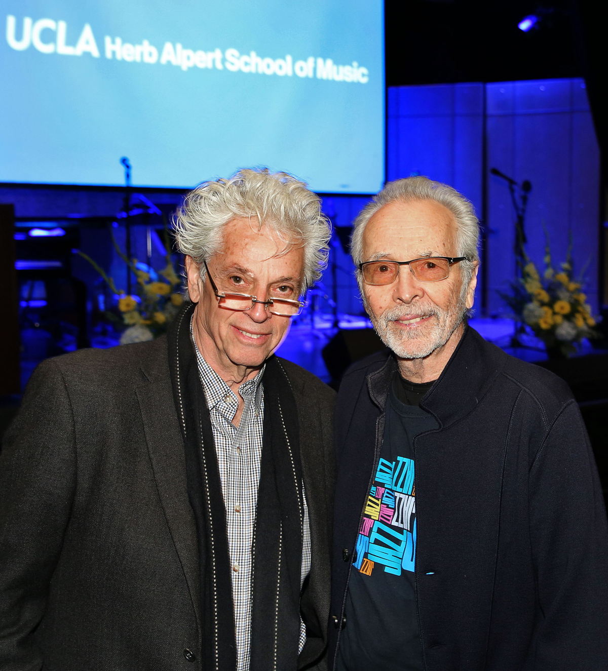 Pictured right, musician, label exec and co-founder of the Herb Alpert Foundation, Herb Alpert welcomed architect/acoustician and co-founding partner of WSDG, John Storyk to the opening of the new Lani Hall on the UCLA campus