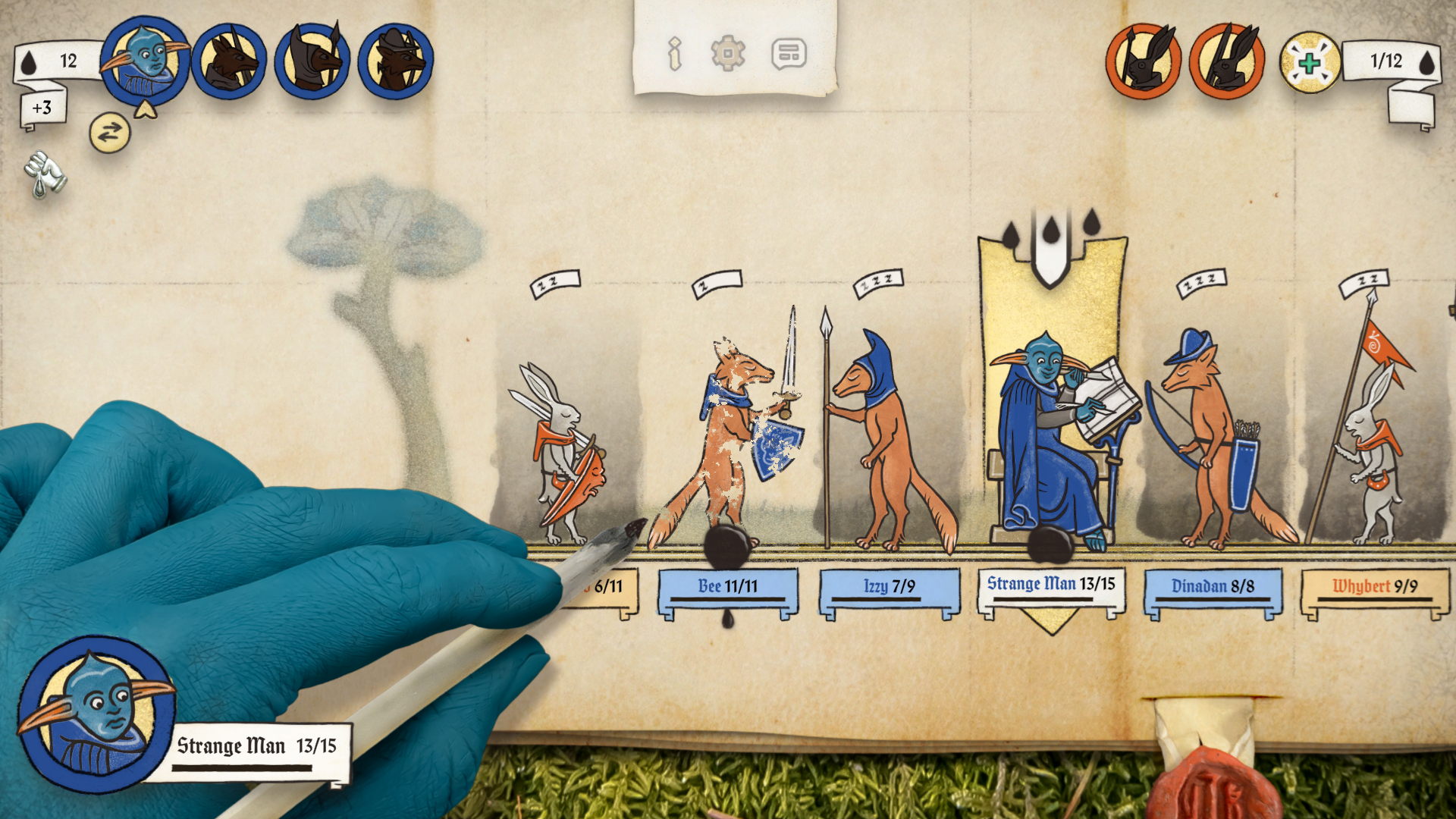 Use thy big blue hand to adorn parchment with a horde of medieval battle doodles