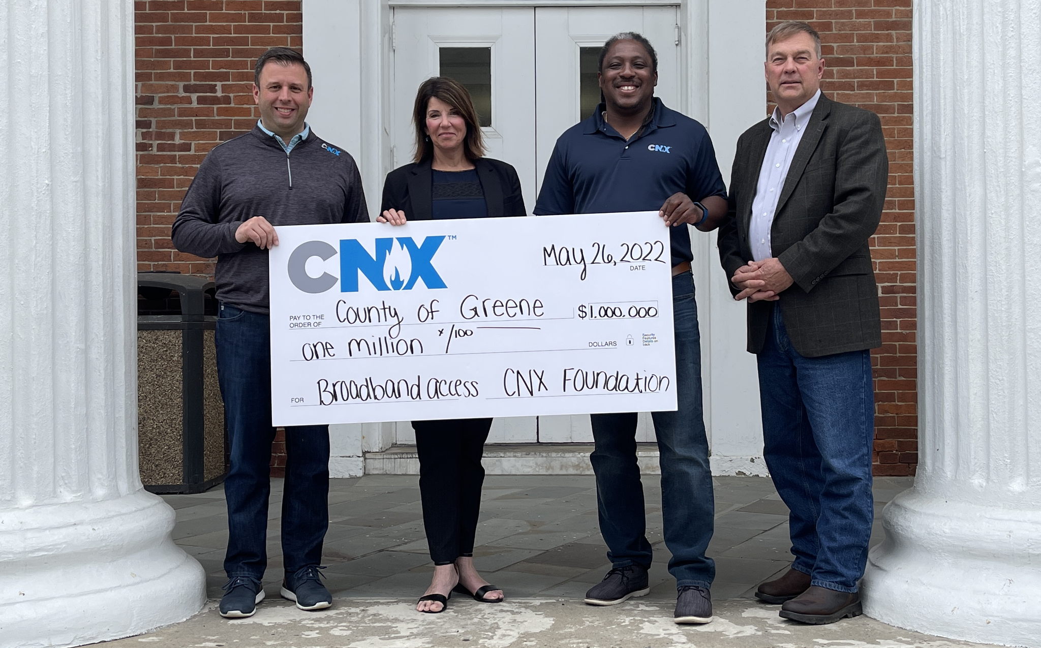 CNX Foundation Donates $1M to Bring Gig Speed Internet to Residents of Greene County. ​Pictured (Left to Right): Brian Aiello, Vice President, External Relations, CNX Resources; Betsy McClure, Greene County Commissioner; Audric Dodds, CNX Director of Community Relations and Executive Director of CNX Foundation; and Mike Belding, Chairman, Greene County Commissioner