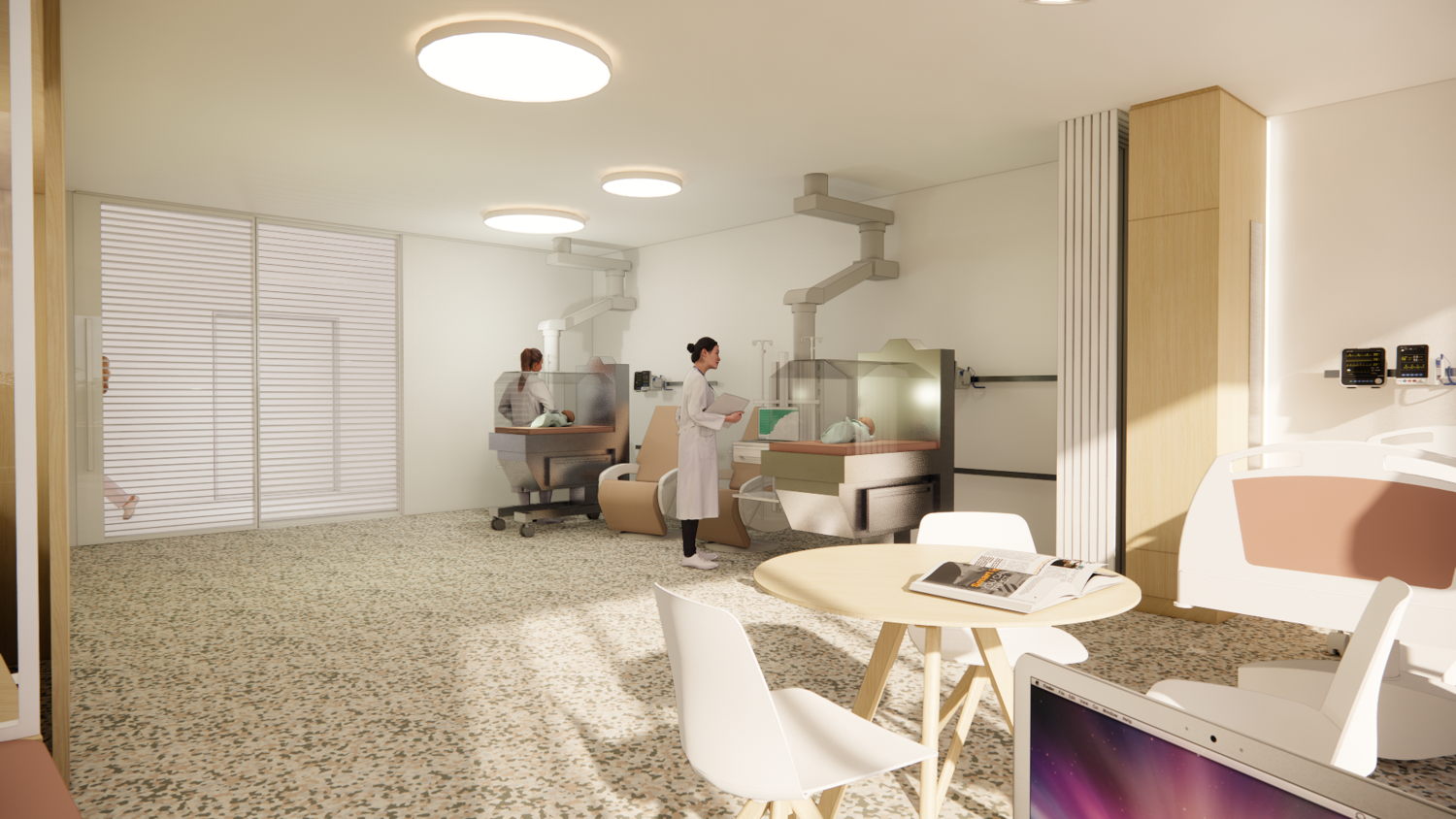 Interieurbeeld (simulatie) van een kamer in de gezamenlijke NICU van GZA en ZNA. (Copyright SVR-ARCHITECTS)