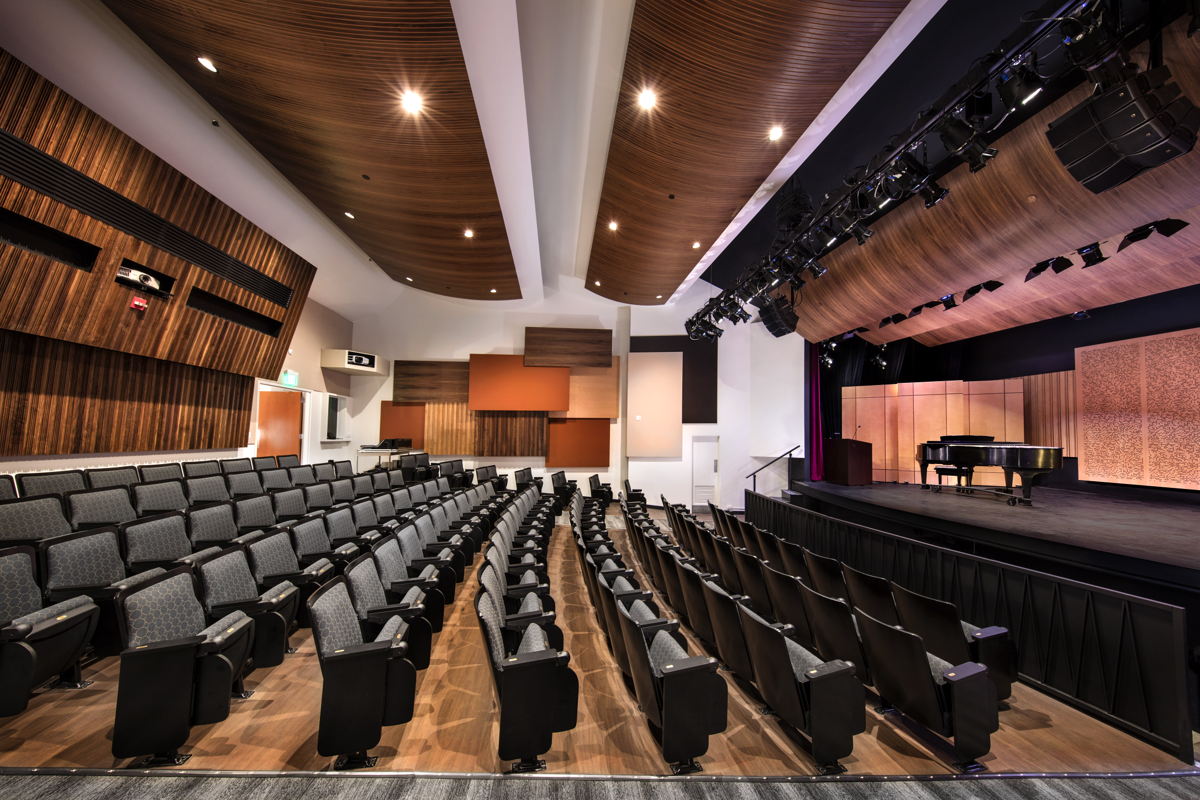 Side view of Lani Hall, the new Jewel Box theater designed by WSDG for the Herb Alpert School of Music on the UCLA campus