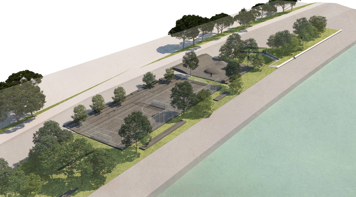 Scheldekaaien Sint-Andries - Zuid: vergroening met sportvelden, skatezone en Sint-Michielsbastion ©PROAP