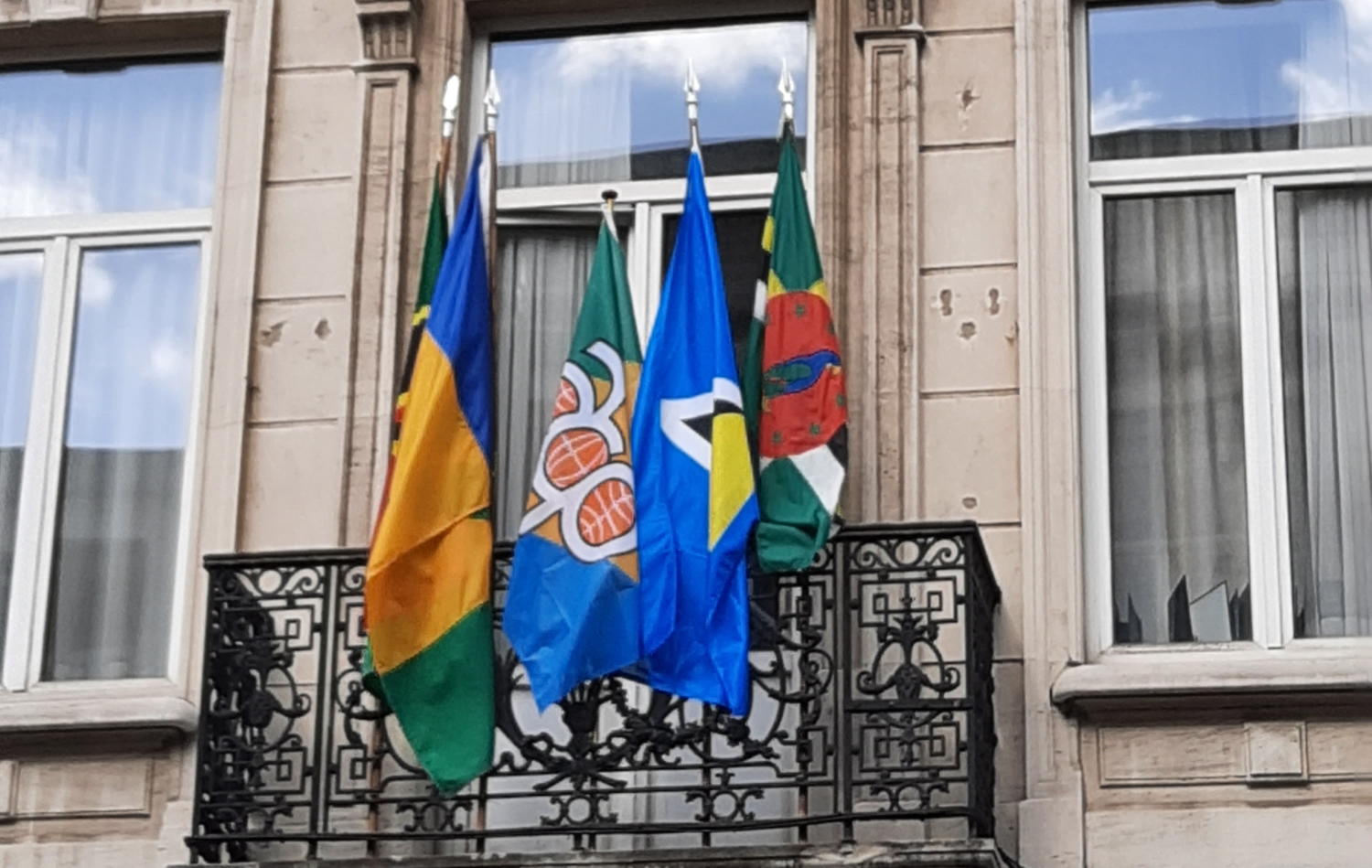 Flags flown at the Embassies of the Eastern Caribbean States (ECS) to the Kingdom of Belgium and Missions to the European Union on OACPS Day.