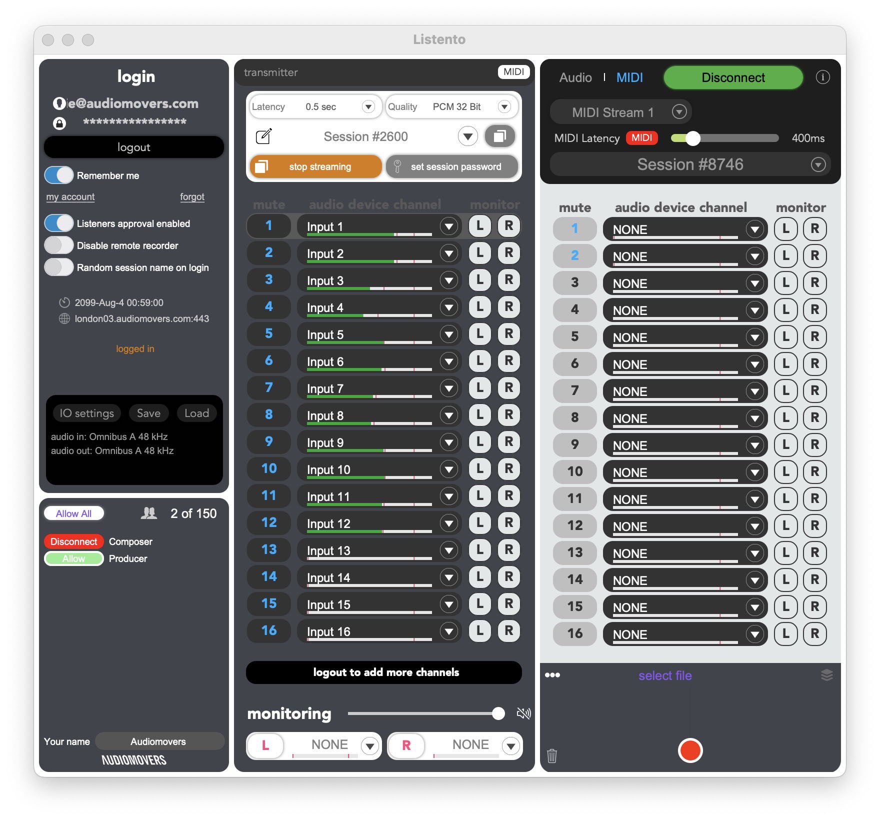 The Audiomovers standalone desktop app now includes MIDI Time Code generation which allows engineers to synchronise remote DAWs with transmitted MTC timecodes generated by LISTENTO streams.