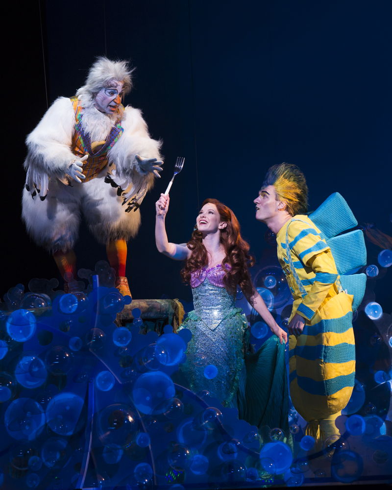 Jamie Torcellini as Scuttle, Alison Woods as Ariel and Adam Garst as Flounder.  Photo by Bruce Bennett, courtesy of Theatre Under The Stars.