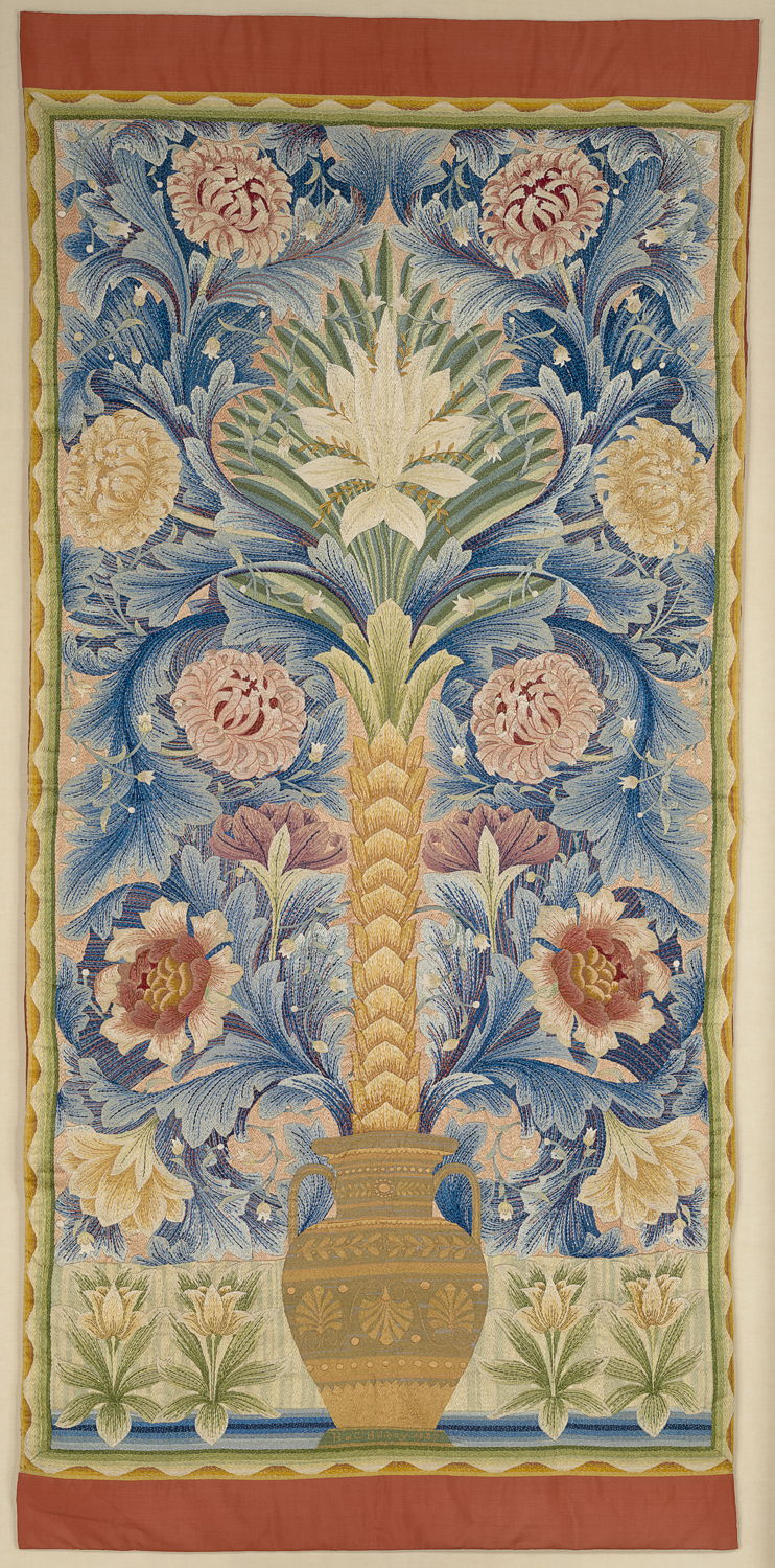 Morris & Co., London (retailer),  Henry Holiday (designer),  Catherine Holiday (embroiderer), Hanging 1887, linen, silk (thread), 190.0 × 98.5 cm, National Gallery of Victoria, Melbourne. Purchased, 1976