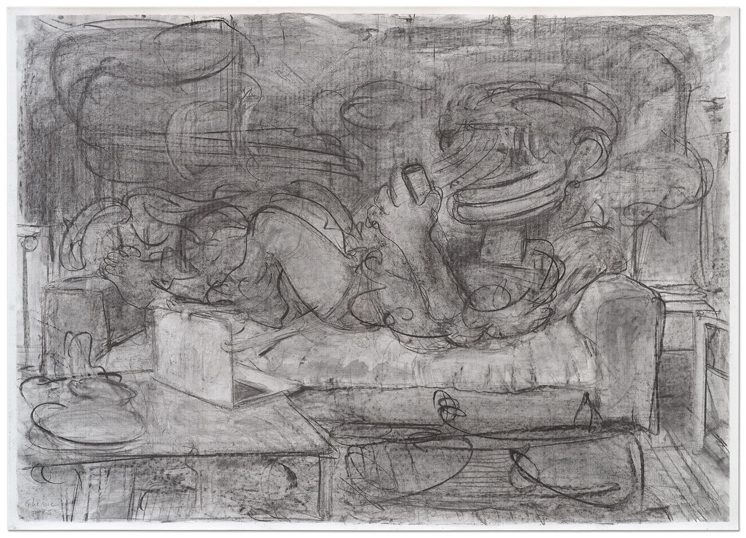 Adrian Ghenie, Study for “Summer Indoor”, 2023. Charcoal on paper, 100 × 140 cm. Courtesy Tim Van Laere Gallery, Antwerp-Rome