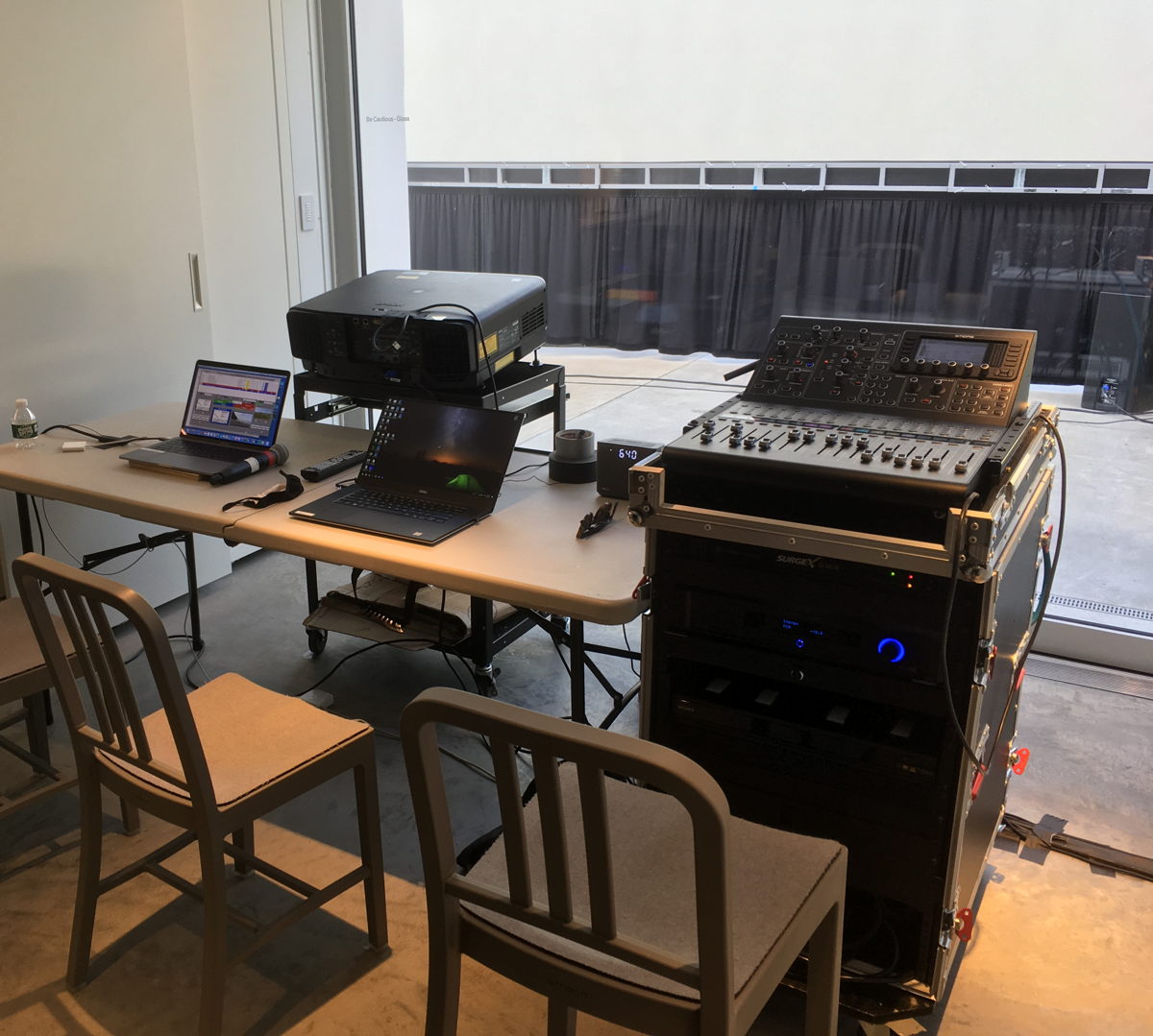 Magazzino film screening projection booth and audio mixing desk. Photo Courtesy of WSDG