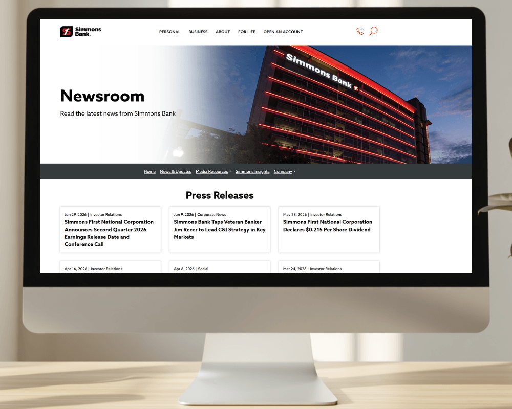 Simmons Bank newsroom example featured on Cision PR Newswire's MediaRoom page.