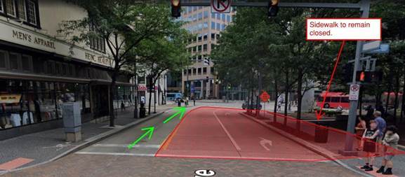 An image of Fifth Avenue between Market Street and Liberty Avenue depicting the lane restrictions beginning on Tuesday, May 28. An image of Fifth Avenue between Market Street and Liberty Avenue depicting the lane restrictions beginning on Tuesday, May 28.