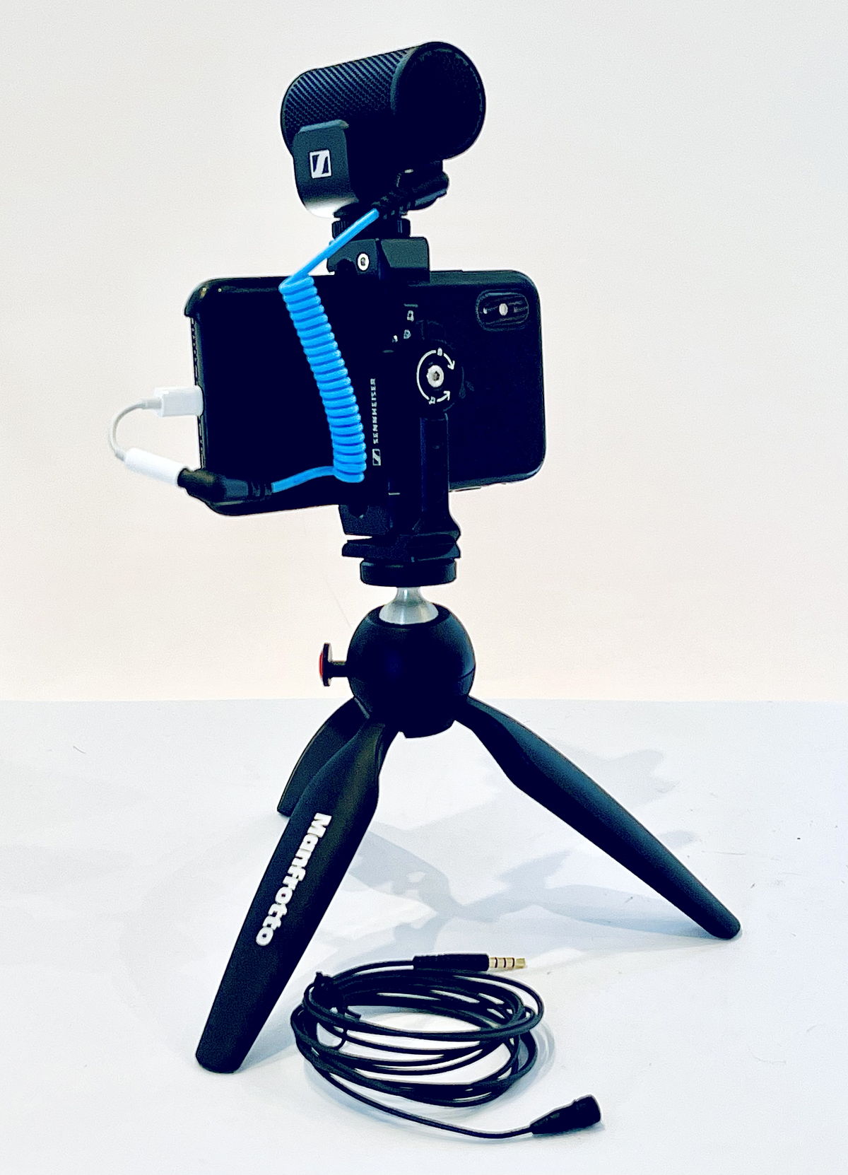 Figure 10.   Basic Kit  with iPhone XS, MKE 200 Mobile Kit (includes Manfrotto PIXI and Smartphone Clamp), XS Lav Mobile clip-on mic, and TRRS to Lightning adaptor  (Photo credit: Ivo Burum)