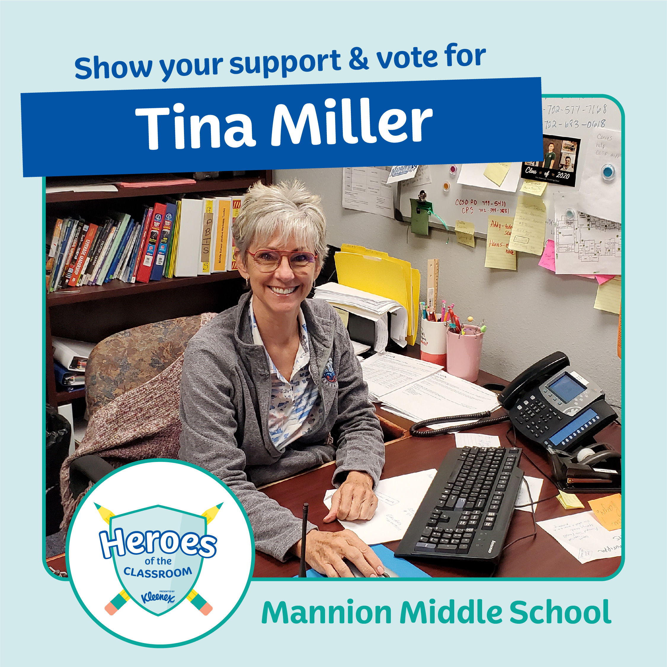 Tina Miller of Mannion Middle School is named a national finalist in the Kleenex Heroes of the Classroom. Vote for her to win the Grand Prize: $5K for her, $5K for her school and a year's supply of Kleenex. Vote at heroesoftheclassroom.com/vote.