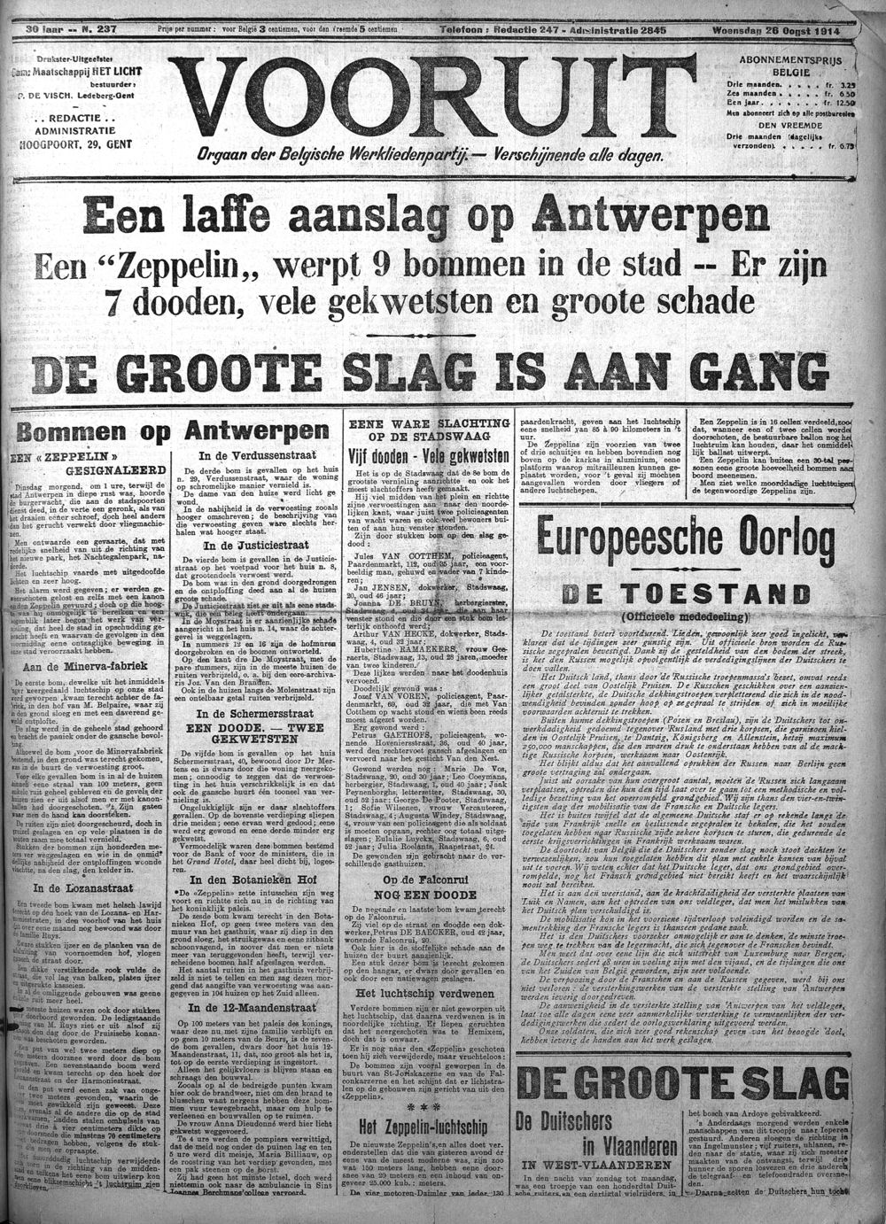 La Une du Vooruit du 26 août 1914