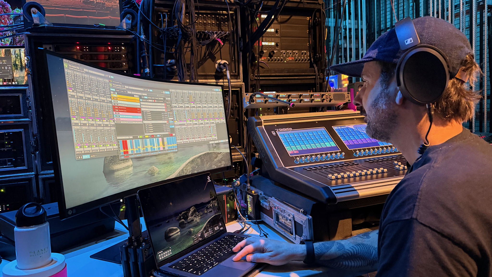 Justin Milner, RF Tech, monitors the Tony Awards broadcast via SoundBase, listening with Sennheiser’s HD 480 PRO closed-back headphones.