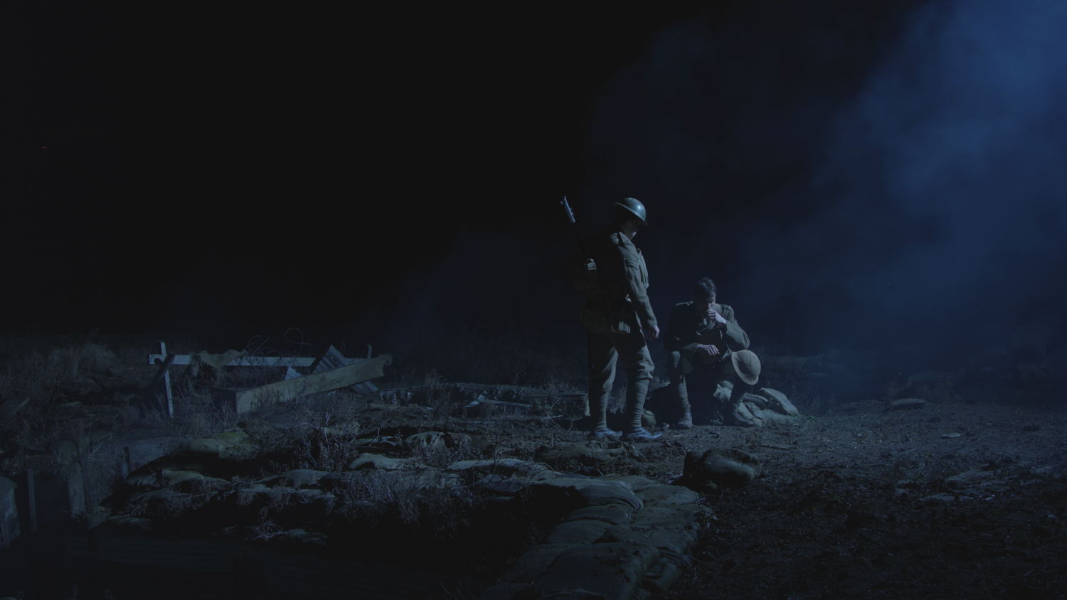 Owen and Thompson converse by the light of the moon on location in Suffolk
