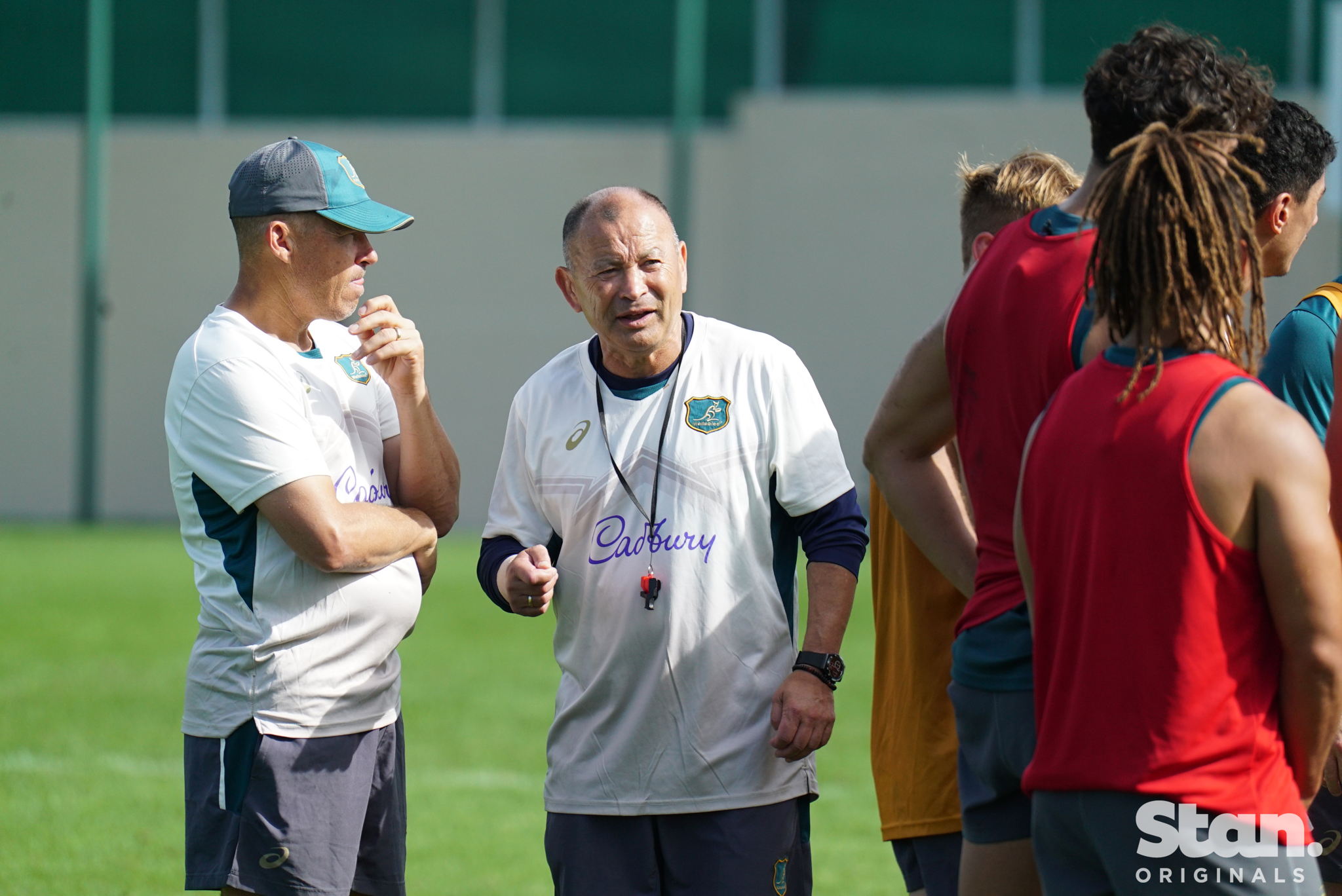 Former Wallabies coach Eddie Jones (R) with staff member David Rath (L)