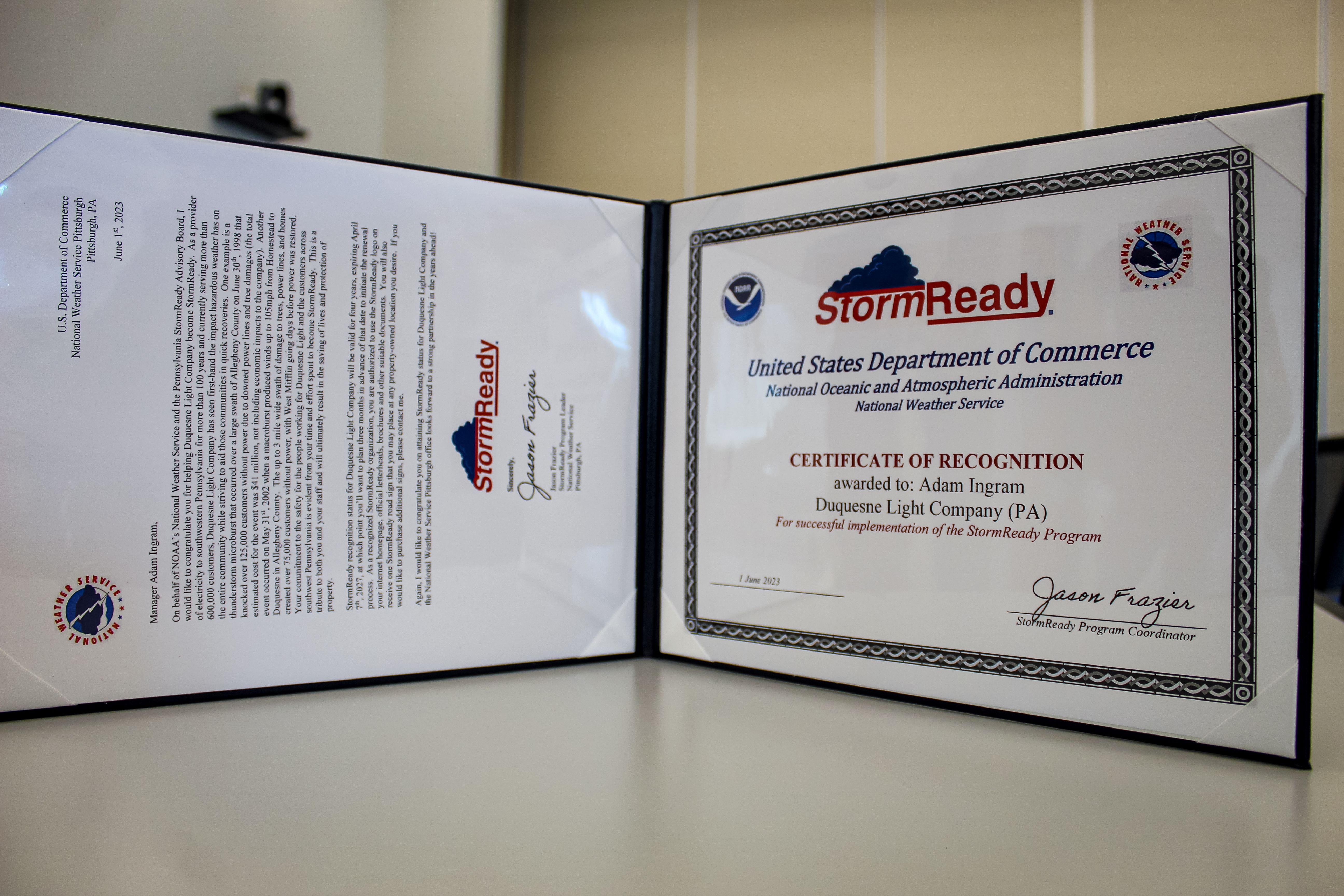 Duquesne Light Company was awarded the StormReady distinction from National Weather Service at a ceremony June 1.
