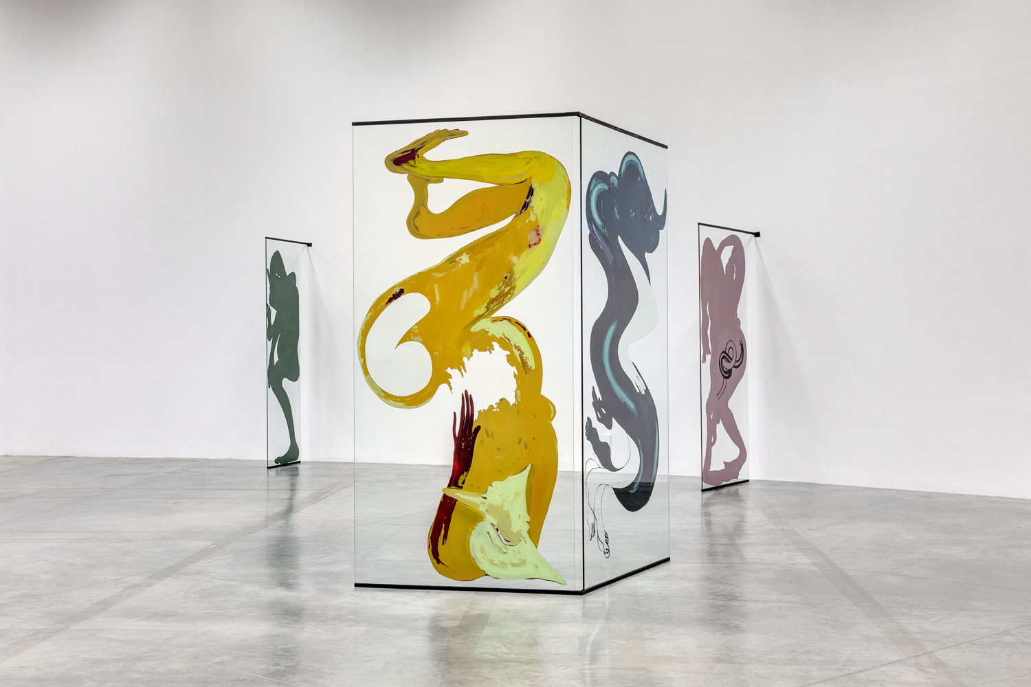 Carlotta Bailly-Borg, A Liquid Company, 2019. Exhibition view, Palais de Tokyo, Paris. Acrylic paint, metal, partially mirrored glass, 2 panels of 254 cm x 122 cm. Photo: Romain Darnaud. Courtesy the artist and Palais de Tokyo