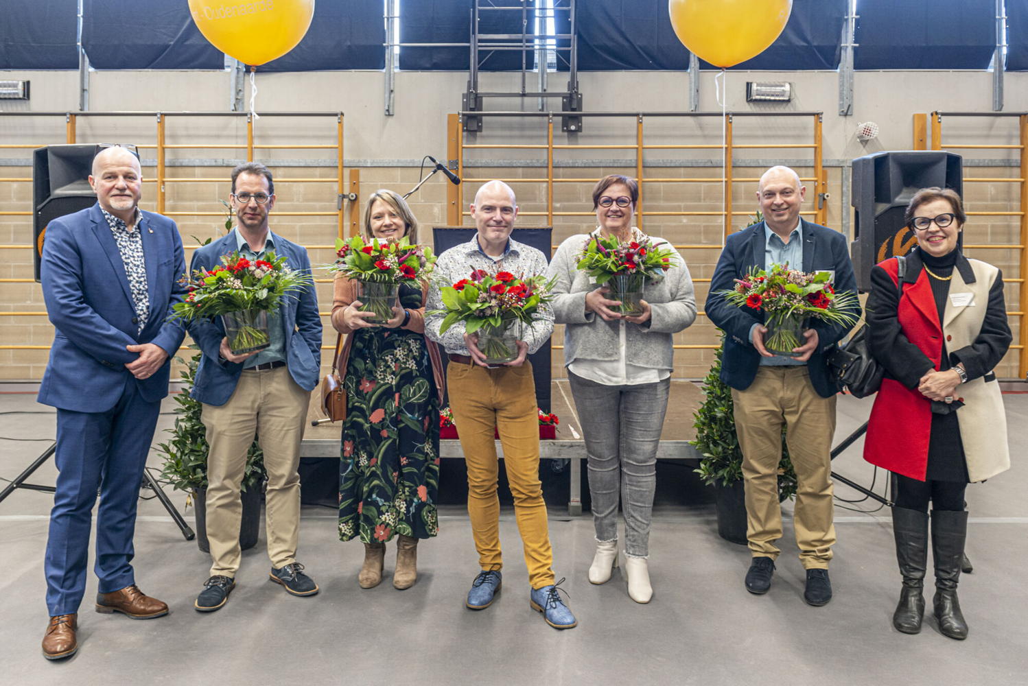 vlnr: gedeputeerde Kurt Moens, directeur Henk Vlerick, coördinator Margot De Leeuw, directeurs Geert Billooye, Paulette De Vetter en  Jürgen Bockstaele, directeur provinciaal onderwijs Kristel de Boevere