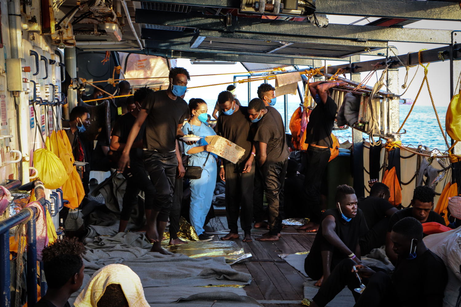 Humanitarian affairs officer Ilina Angelova, speaking to people on deck of the Sea-Watch 4. 8 September 2020, credit MSF/Hannah Wallace Bowman