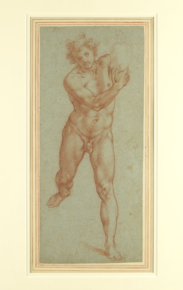 Christoforo Roncalli (Pamarancio 1552 – Roma 1626)  Naakte lopende man met een urne Rood krijt op blauw papier  .Langdurige bruikleen van Stichting Jean van Caloen 