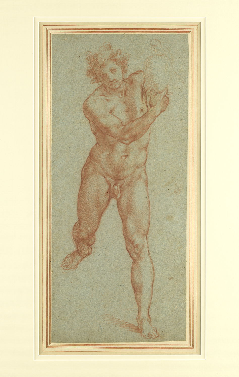 Christoforo Roncalli (Pamarancio 1552 – Roma 1626).  Walking Male Nude with Urn Red chalk on blue paper. On long-term loan from Stichting Jean van Caloen 