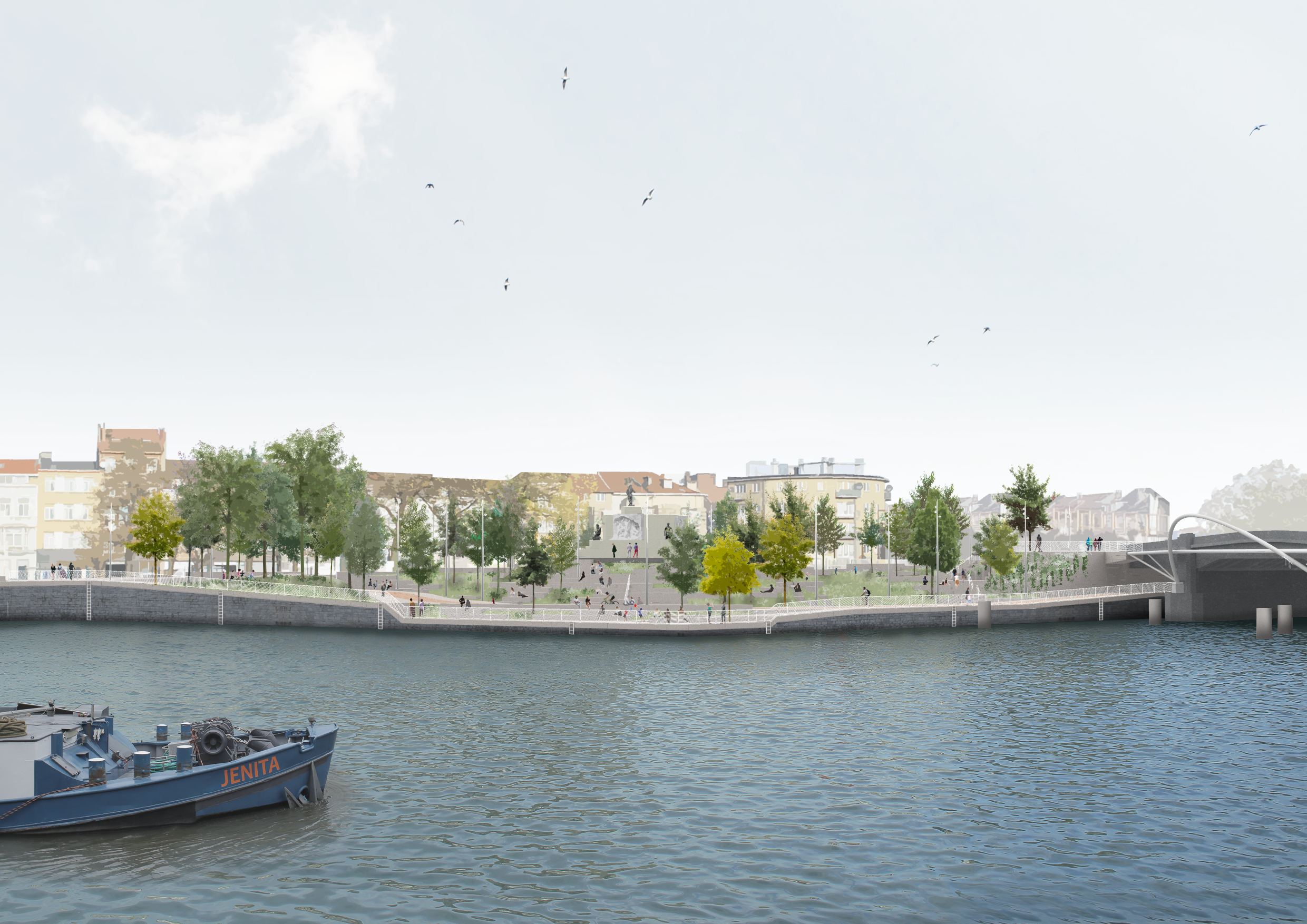 Nieuw plein aan het Monument voor de Arbeid en de voetgangers-en fietsersbrug Jules de Trooz Trooz @Bureau d'architecture Gijs Van Vaerenbergh