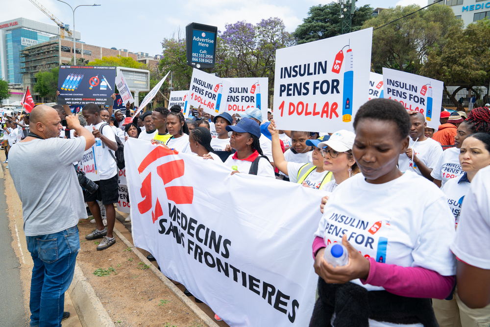 Images and videos from a picket in Johannesburg outside Novo Nordisk's office asking them to drop the price of insulin pens to $1, and to end the double standard on insulin pen supply. | Date taken: 14/11/2024 | Photographer: Bafana Ngwenya | Location: Johannesburg, South Africa