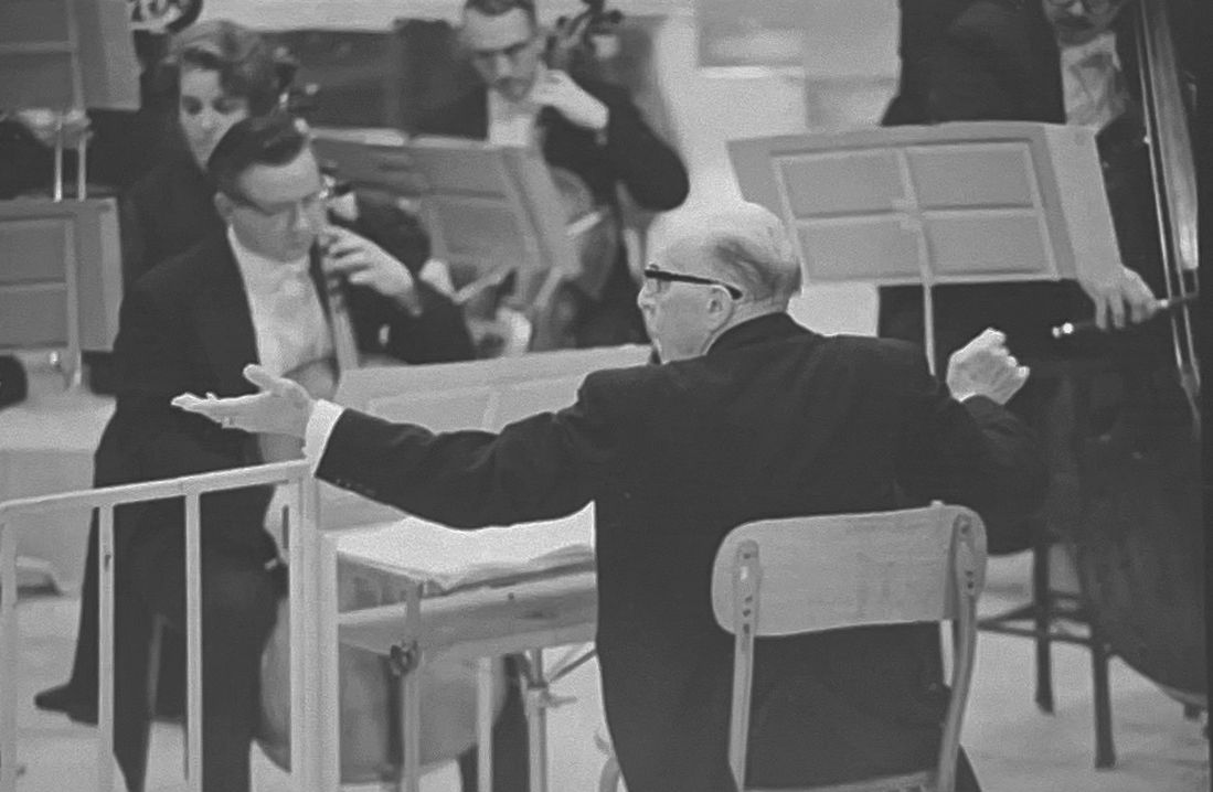 Photo courtesy of City of Toronto Archives, Fonds 1652, File 556, Item 55, Igor Stravinsky with the Toronto Symphony Orchestra for CBC, May 17, 1967.