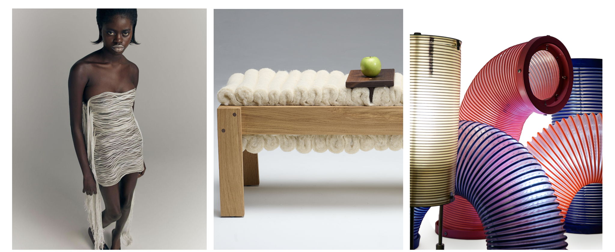 Above (from left): Dress crafted from Irish Aran knit and an algae-based biomaterial by Megan Ginn; bench crafted from reclaimed oak and Welsh wool by Maddie Sturmey; customisable lamps made from discarded duct pipes and polyurethane by Shinjae Kim Above (from left): Dress crafted from Irish Aran knit and an algae-based biomaterial by Megan Ginn; bench crafted from reclaimed oak and Welsh wool by Maddie Sturmey; customisable lamps made from discarded duct pipes and polyurethane by Shinjae Kim