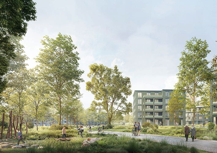 De groene, centrale fiets- en wandelroute die door het gebied slingert, en enkele gegroepeerde parkwoningen. Een afbeelding van de ontwerpvisie uit de wedstrijd; wijzigingen kunnen nog plaatsvinden tijdens de ontwerpfase. © VELD en B-architecten De groene, centrale fiets- en wandelroute die door het gebied slingert, en enkele gegroepeerde parkwoningen. Een afbeelding van de ontwerpvisie uit de wedstrijd; wijzigingen kunnen nog plaatsvinden tijdens de ontwerpfase. © VELD en B-architecten
