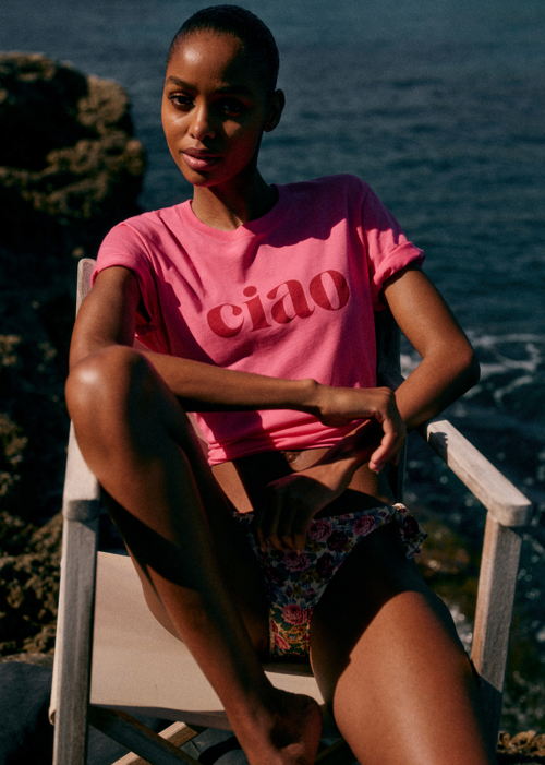 T Shirt CIAO Message Rouge Fond Rose
