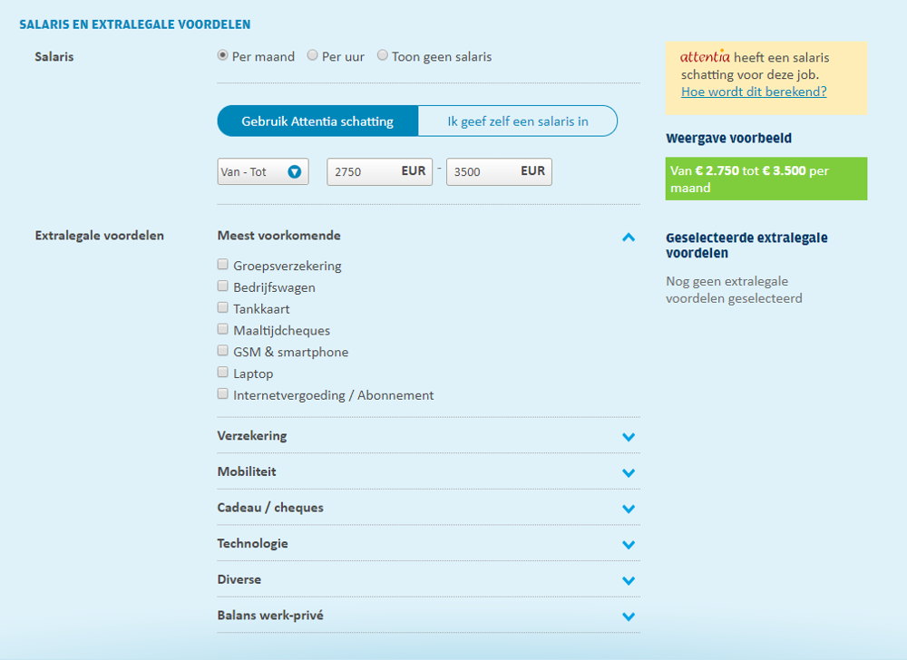 Wanneer een werkgever bij Jobat een loon ingeeft wordt er op basis van functiecategorie, regio, opleidingsniveau, ervaring, sector een loonindicatie van Attentia getoond.