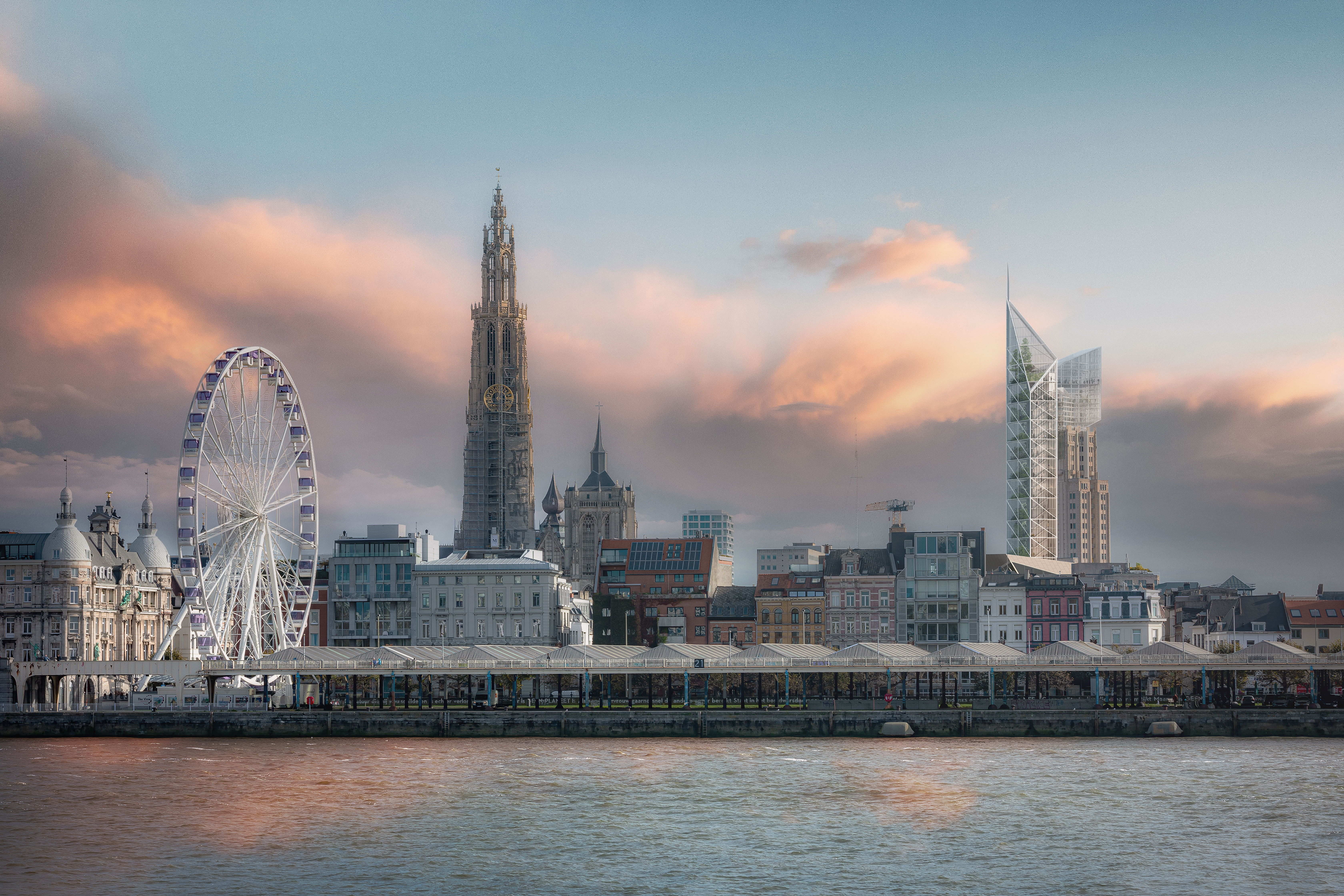 Het concept voor de vernieuwde Boerentoren van de hand van toparchitect Daniel Libeskind en hoe het zal samenvloeien in de skyline van Antwerpen. Foto Katoen Natie Groep/Daniel Libeskind