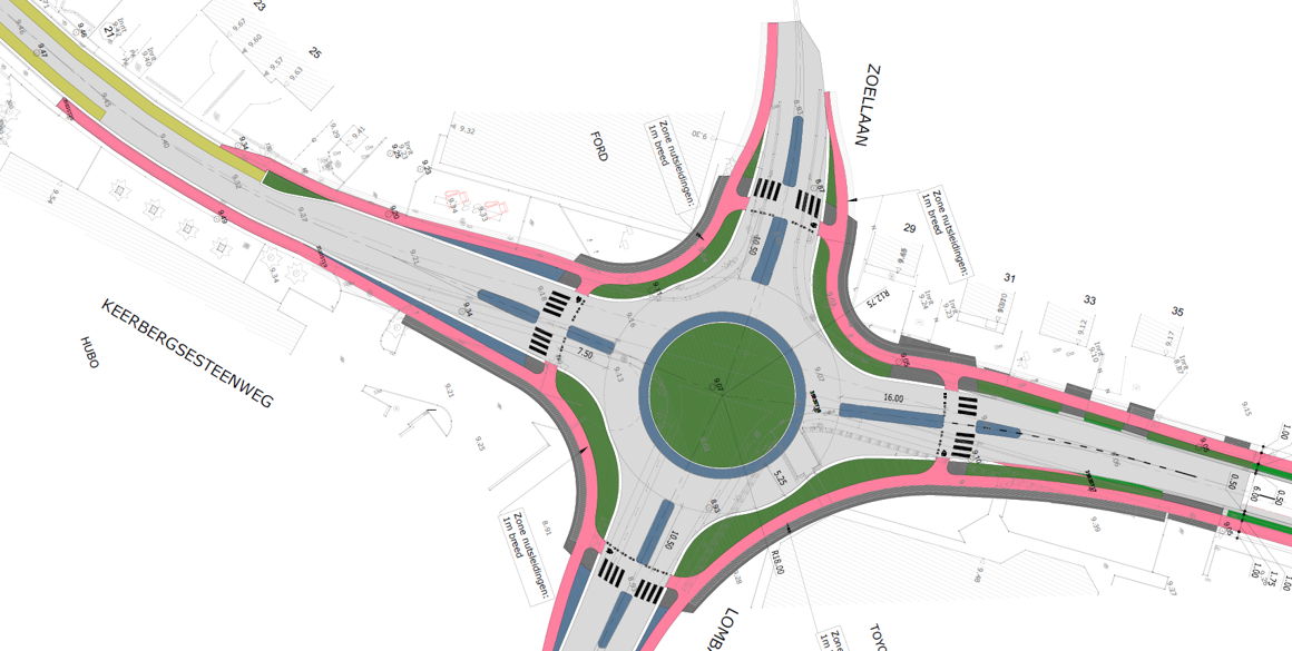 Het ontwerpplan voor het kruispunt Keerbergsesteenweg–Lombaardenlaan-Zoellaan dat wordt omgevormd tot een rotonde met vrijliggende fietspaden en fietsoversteken uit de voorrang.