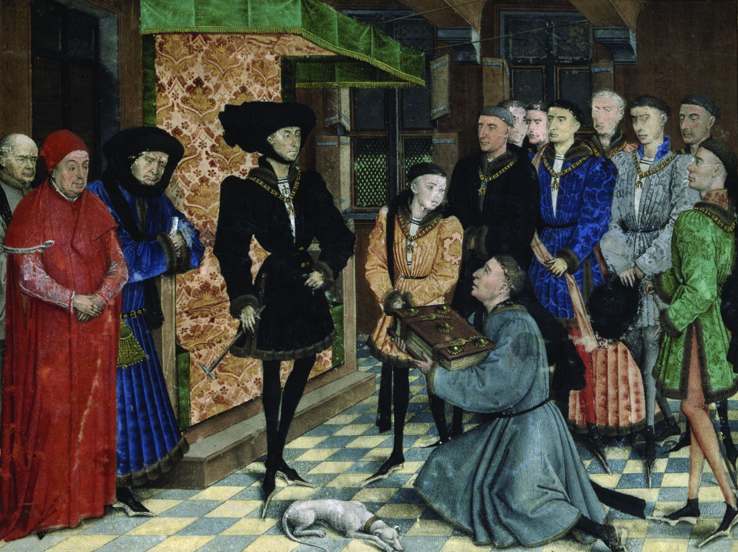 Presentatie van het handschrift van de Chroniques de Hainaut aan hertog Filips de Goede
miniatuur toegeschreven aan Rogier Van der Weyden
KBR- ms. 9242 – folio 1 recto

