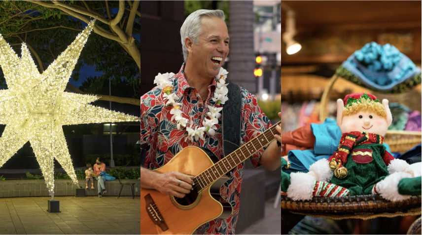 From left to right: South Shore Market’s sparkling holiday installation; local musician Bobby Moderow, Jr., founding member of the six-time Nā Hōkū Hanohano Award-winning group Maunalua; and a hidden elf from the Elf Scavenger Hunt.