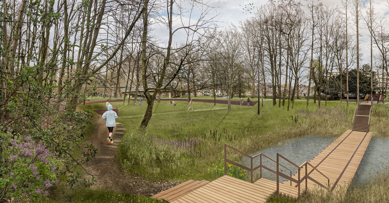 Toekomstbeeld van verblijfplaats en vlonderbrug aan de Berchembrug © CLUSTER landschap & stedenbouw
