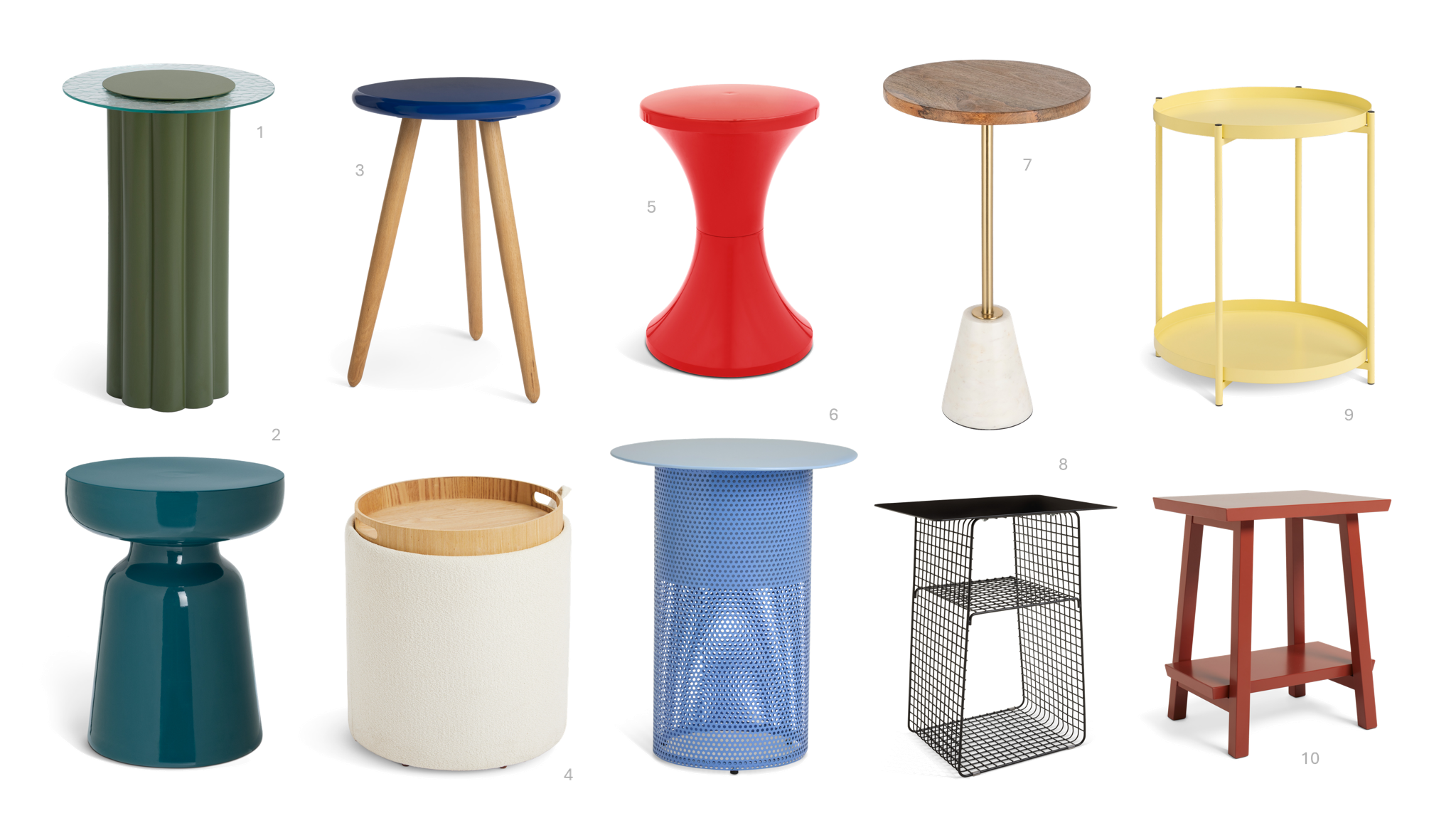 1.Habitat Ciceley Side Table - Green, £90, 2.Habitat Cohen Side Table - Teal, £50, 3.Habitat 60 Yumemi Side Table by Felix Conran - Blue, £75, 4.Habitat Ingo Side Table - Cream, £50, 5.Habitat 60 Tam Tam Plastic Stool - Red, £18, 6.Habitat Anala Side Table - Blue, £45, 7.Habitat Kayleigh Marble Side Table, £70, 8.Habitat Cal Metal Bedside Table - Black, £35, 9.Habitat Rex Side Table - Yellow, £25, 10.Habitat Kyoto Side Table - Cinnamon, £35 1.Habitat Ciceley Side Table - Green, £90, 2.Habitat Cohen Side Table - Teal, £50, 3.Habitat 60 Yumemi Side Table by Felix Conran - Blue, £75, 4.Habitat Ingo Side Table - Cream, £50, 5.Habitat 60 Tam Tam Plastic Stool - Red, £18, 6.Habitat Anala Side Table - Blue, £45, 7.Habitat Kayleigh Marble Side Table, £70, 8.Habitat Cal Metal Bedside Table - Black, £35, 9.Habitat Rex Side Table - Yellow, £25, 10.Habitat Kyoto Side Table - Cinnamon, £35