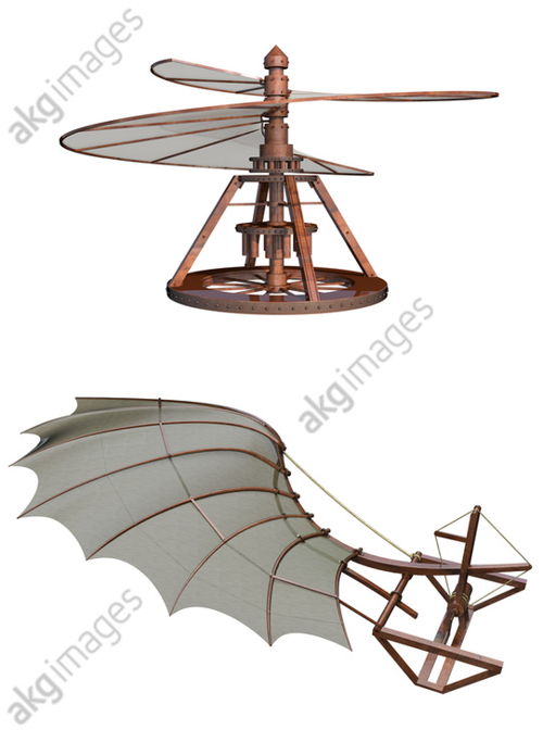 Aerial Screw and Ornithopter by Leonardo da Vinci. AKG6092064