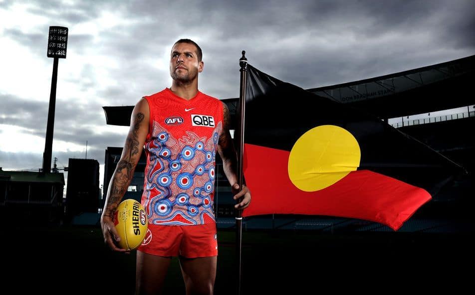 The Sydney Swans 2022 Marn Grook Guernsey with artwork by Lua Pellegrini. Image: Phil Hillyard