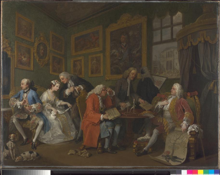 "Marriage A-la-Mode: 1, The Marriage Settlement”, c.1743. By William Hogarth. Part of the Angerstein Collection, purchased by the British government. AKG1557078 