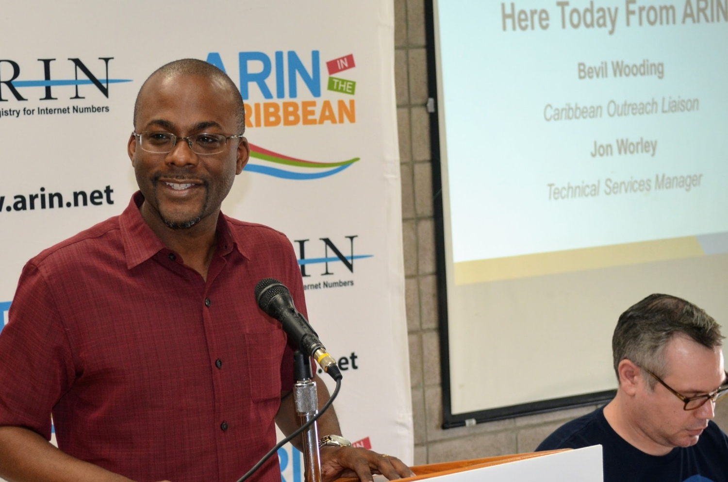 Left to right, Bevil Wooding, Caribbean Outreach Liaison, American Registry for Internet Numbers, and Jon Worley, Technical Services Manager, American Registry for Internet Numbers at the launch of the registry's Caribbean Forum in Grenada on February 6, 2018.