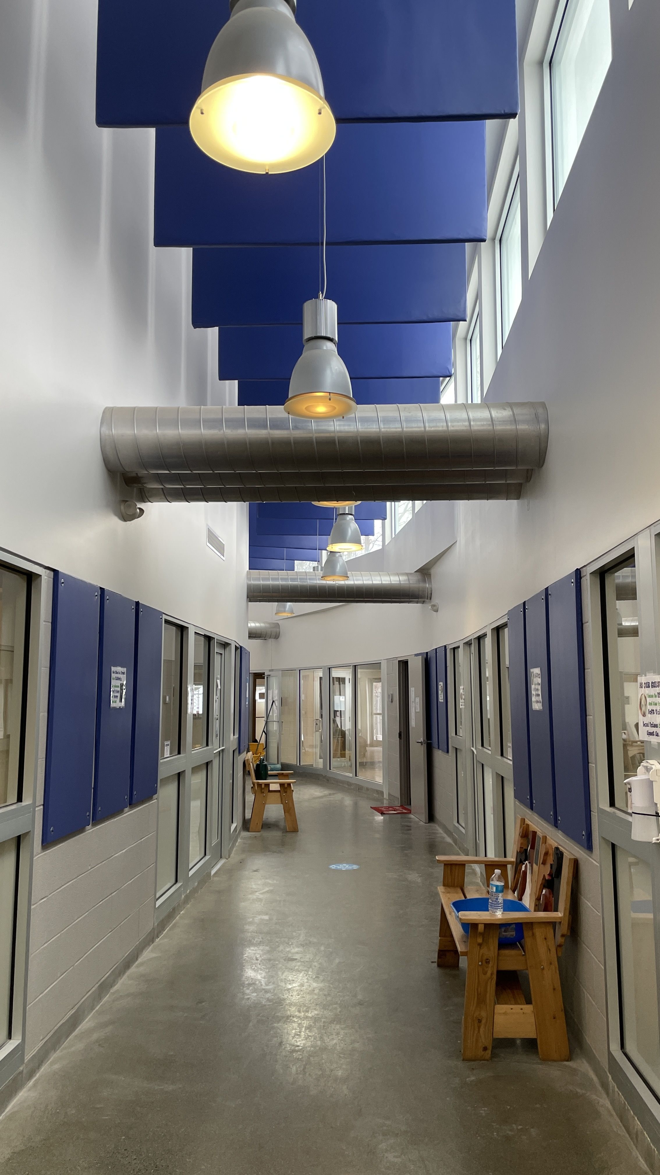 The WSDG team designed an elegant solution that utilized vinyl coated wall-treatments and hanging ceiling baffles to eliminate the unwanted echoes