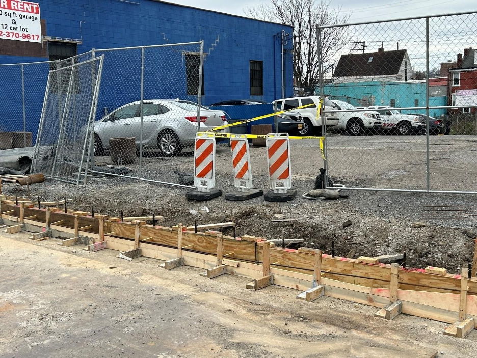 Wooden frames recently placed for new sidewalks on Forbes Avenue between Gist and Miltenberger streets Wooden frames recently placed for new sidewalks on Forbes Avenue between Gist and Miltenberger streets