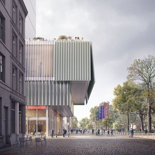 Nieuw M HKA exterieur: ingang aan het Zuidpark | De Vlaamse Regering besliste eerder al in overleg met de stad Antwerpen om het M HKA op het Zuid in Antwerpen te houden. Het nieuwe museumgebouw komt op de plaats van het Hof van Beroep, centraal op de as van het nieuwe Zuidpark. 